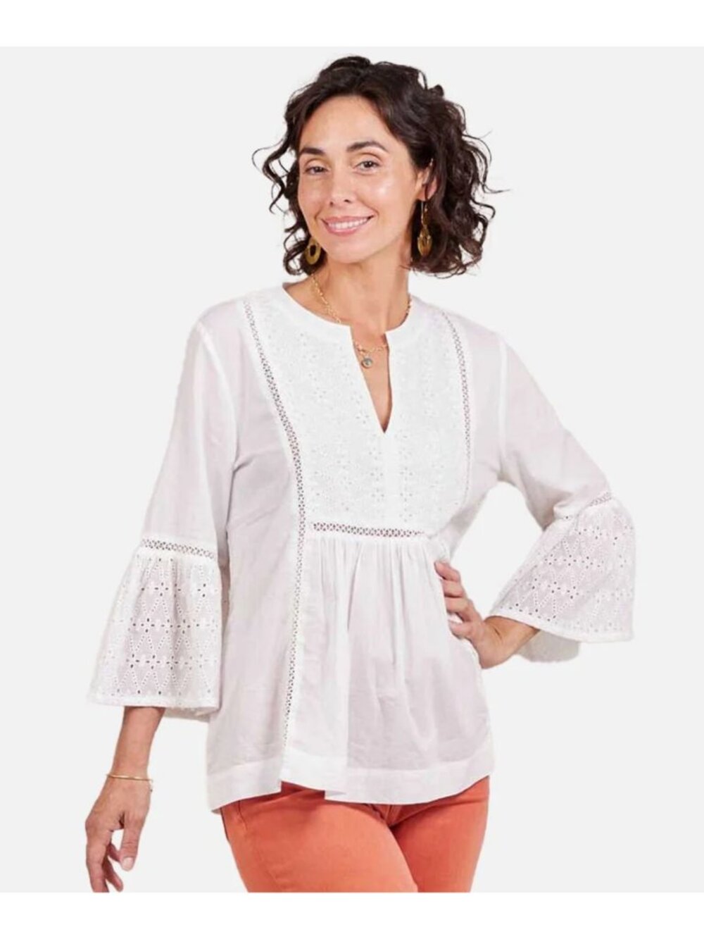 (2 for $15) Rockflower Paper White Eyelet Bell Sleeve Top Size M 100% COTTON - Picture 3 of 5